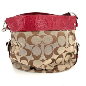 Coach Zoe Hobo Signature Logo Canvas and Leather Red and Brown Shoulder Bag